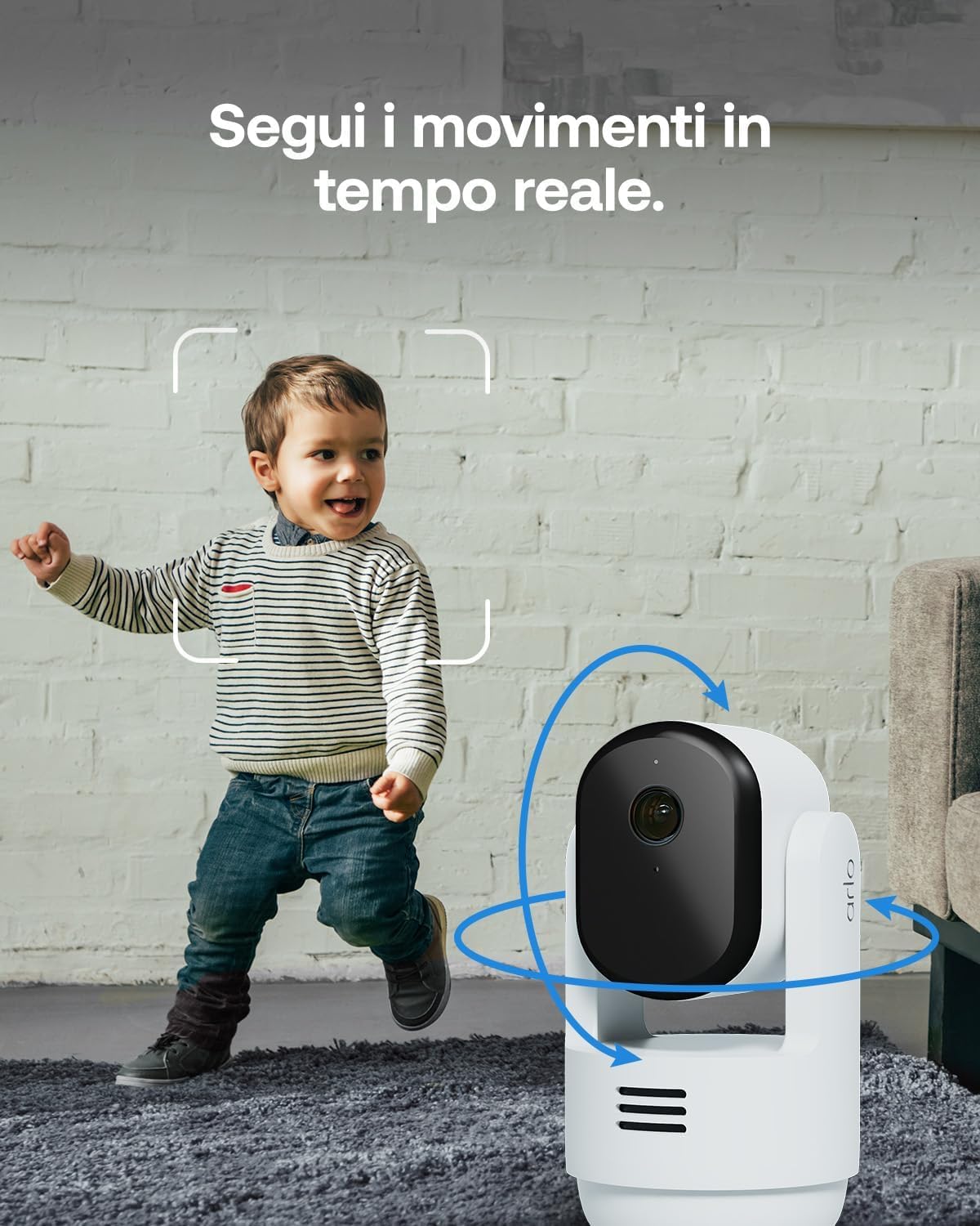 Arlo Essential 3 Indoor 2K PTZ, Telecamera di Sorveglianza WiFi Interno 2K, Rilevamento di AI, Visione Notturna, Audio Bidirezionale, 1 Telecamera, Bianca