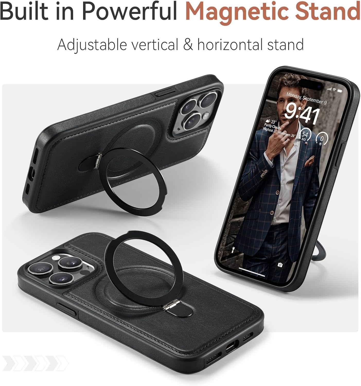 Compatible with iPhone 15 Pro Case with Stand, Compatible with MagSafe, Slim PU Leather & Durable TPU Protective Cover Drop-Proof with Tempered Glass Screen Protector 6.1", Black