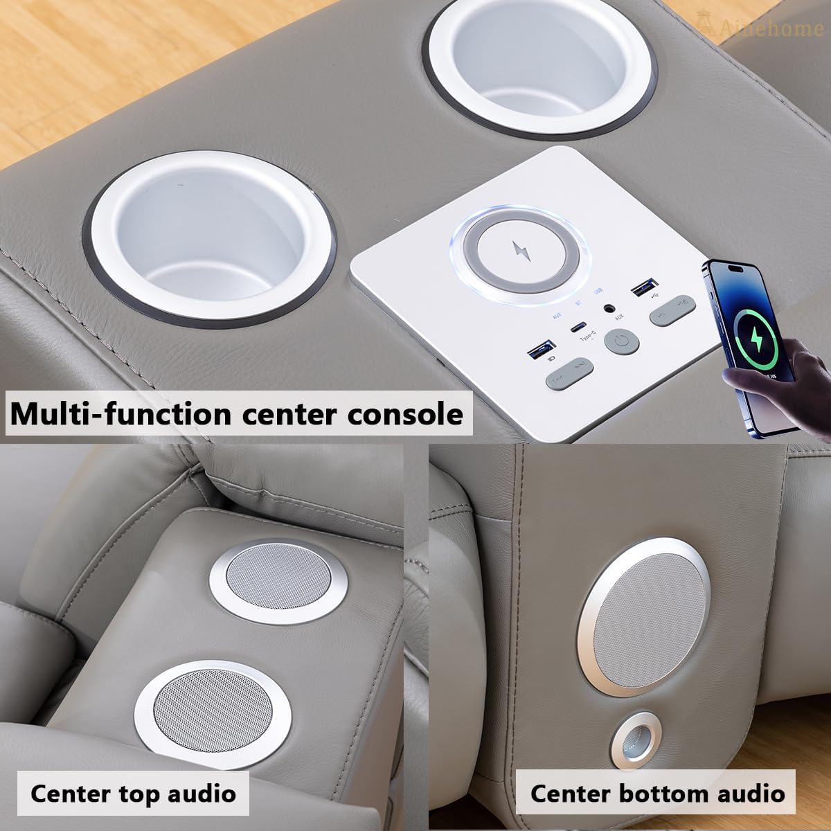A Ainehome Power Leather Reclining Sectional Sofa with 2 Recliners for Living Room, Power Reclining Sofa Couch with USB Ports, Grey Top Genuine Cowhide Leather Couch with Console for Home/Office