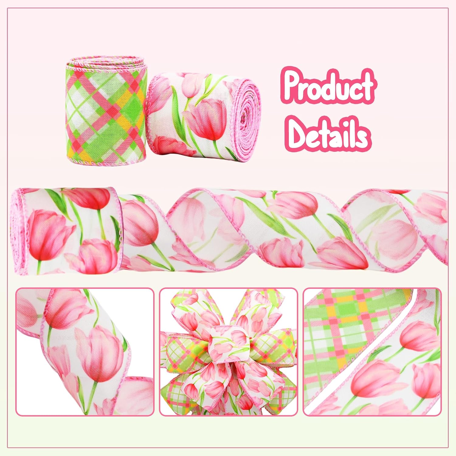 2 Rolls Pink Tulip Wired Ribbon - 2.5 Inch Wide, 10 Yards Total, Elegant Tulip Floral for Wedding Decor, DIY Crafts & Gift Wrapping, Romantic Pink Wired Edge Ribbon image 2