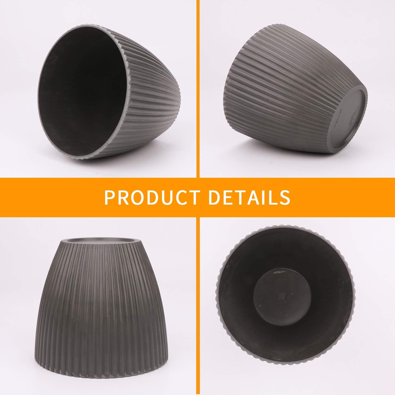 Ufrount Plastic Flower Pots,Ribbed Gardening Planter for Small Indoor Outdoor Plants,Succulents,Bonsai,Perfect for Garden,Kitchen,Windowsill,Set of 8(Grey)