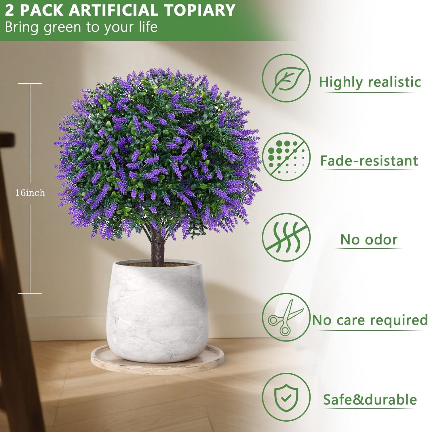 BAIJIALI Artificial Trees,2 Set of 16'' UV Resistant Fake Evergreen Shrubs Bushes Plants (Lavender, 2 Packs)