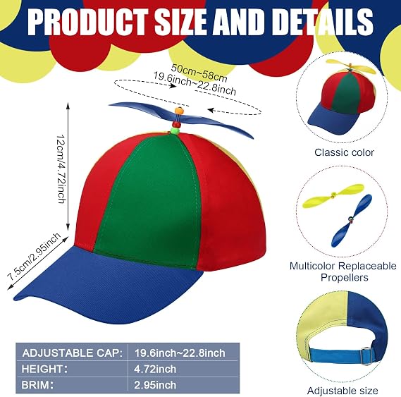 Propeller Hat Adult Baseball Cap Helicopter with 4 Replaceable Bamboo Dragonflies for Clown Halloween