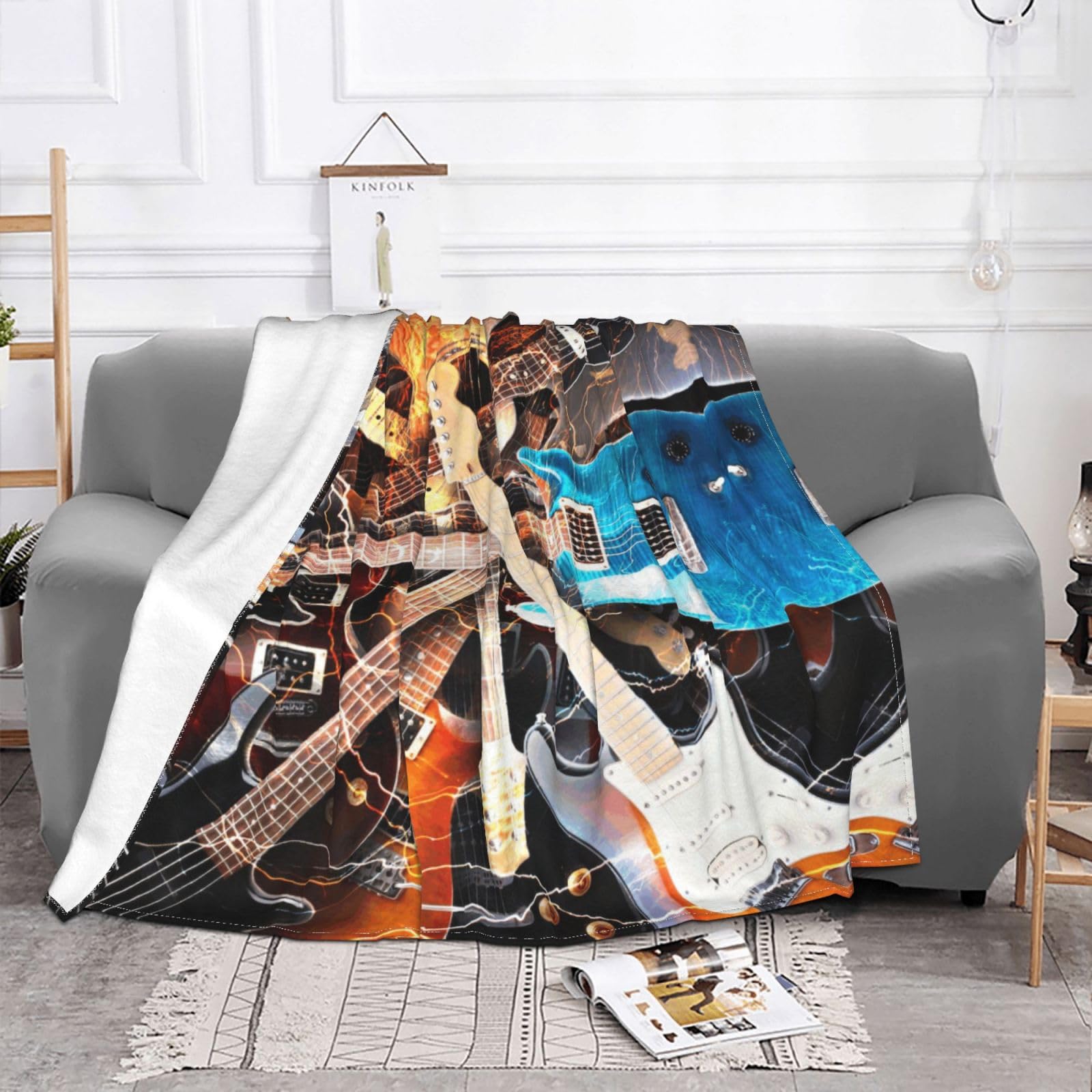 Ezdlowvba Black Music Guitar Print Fleece Throw Blanket For Couch Sofa Bed, Cozy Fuzzy Soft Lightweight Warm Blankets For All Seasons