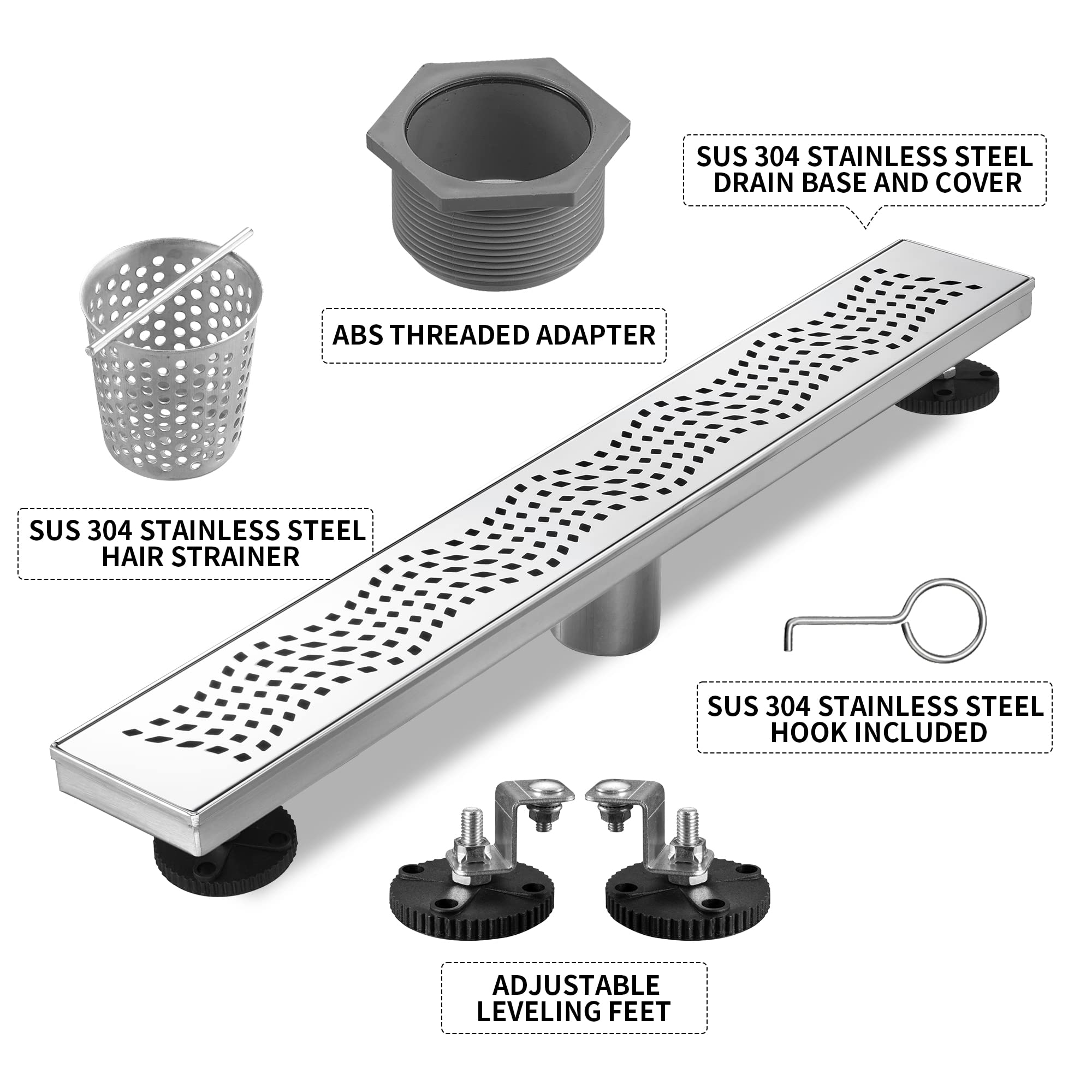 Drain De Douche Linéaire BAUNVB En Acier Inoxydable 304 – 61 Cm – Débit Rapide 51 L/min – Certification CUPC