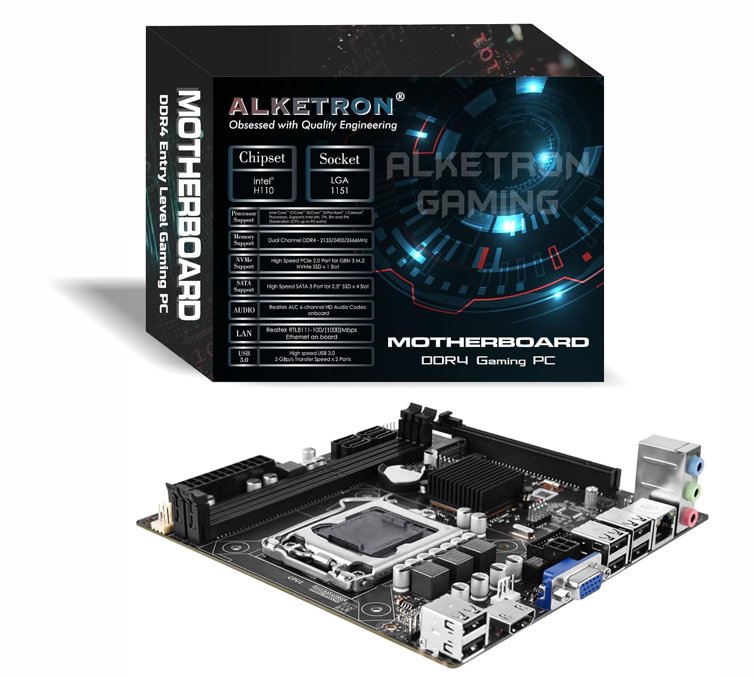 ALKETRON Gaming Desktop PC DDR4 Motherboard – Intel H110 LGA1151 6th; 7th; 8th; 9th Generation i3 i5 i7 i9 core Processors PCIe NVMe Gen3; USB3.0; HDMI; 64GB Max Memory Support (1 Year Warranty)