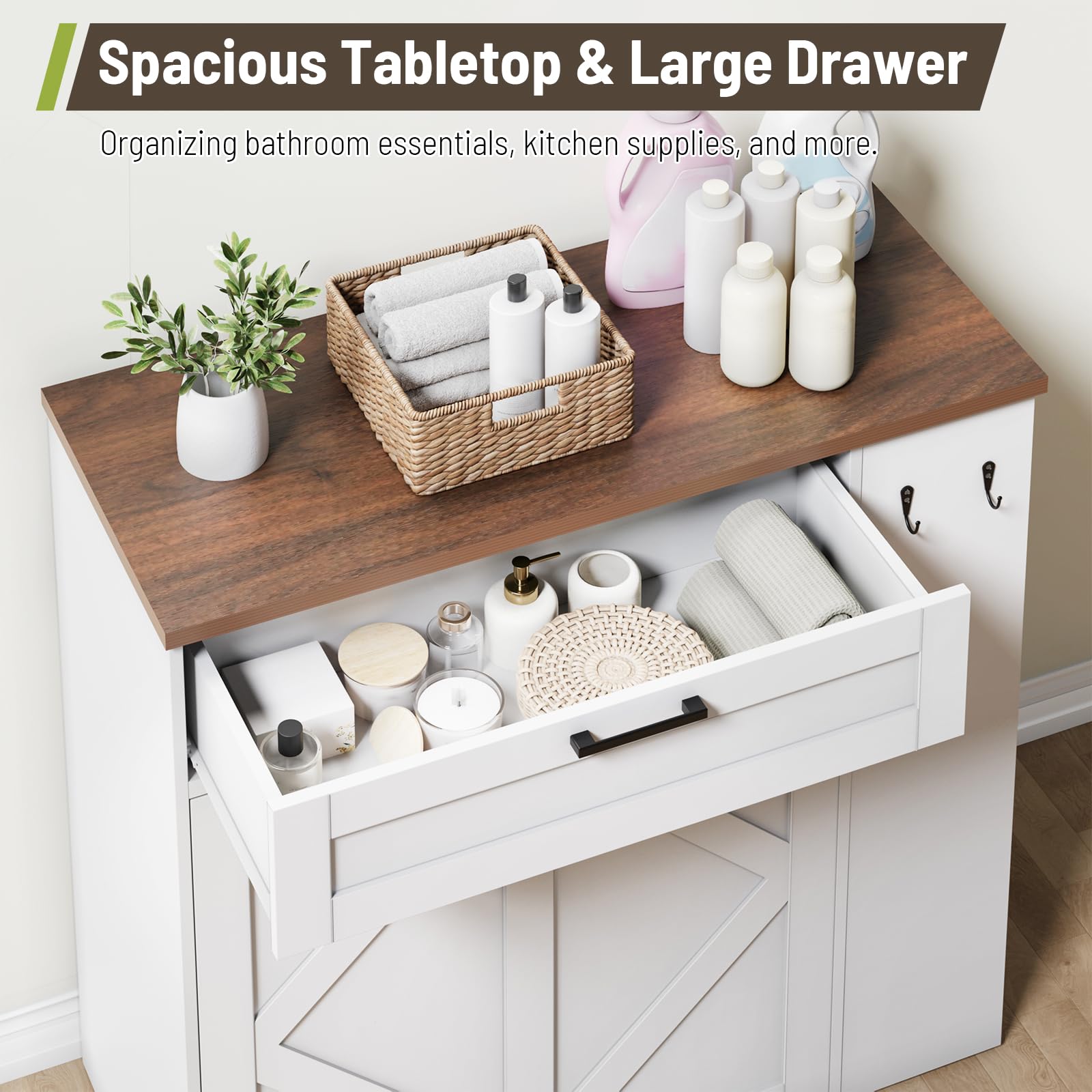 Armario de lavandería con 2 cestas extraíbles para la colada, cajón de almacenamiento, estantes ajustables y ganchos para baño, lavadero y cocina, color blanco y nogal