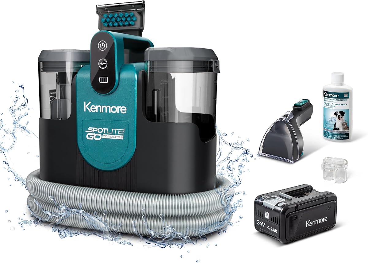 Kenmore Máquina limpiadora de manchas de alfombras y tapicería portátil inalámbrica de 24 V | Succión eléctrica de 16 Kpa, tiempo de funcionamiento de 55 minutos con herramienta de limpieza de manguera para automóviles, mascotas, alfombras y sofás - KW1090