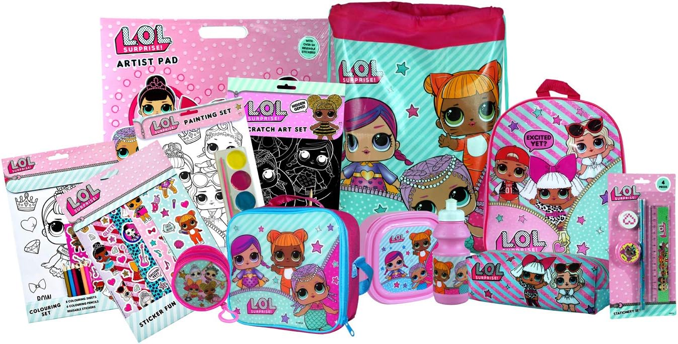 L.O.L Surprise MEGA Activity & Back to School Bundle - Backpack, Drawstring Sports Bag, Insulated Lunch Bag, Sandwich Box, Water Bottle, Coin Pouch, Pencil Case, Stationery Set & Art Set.