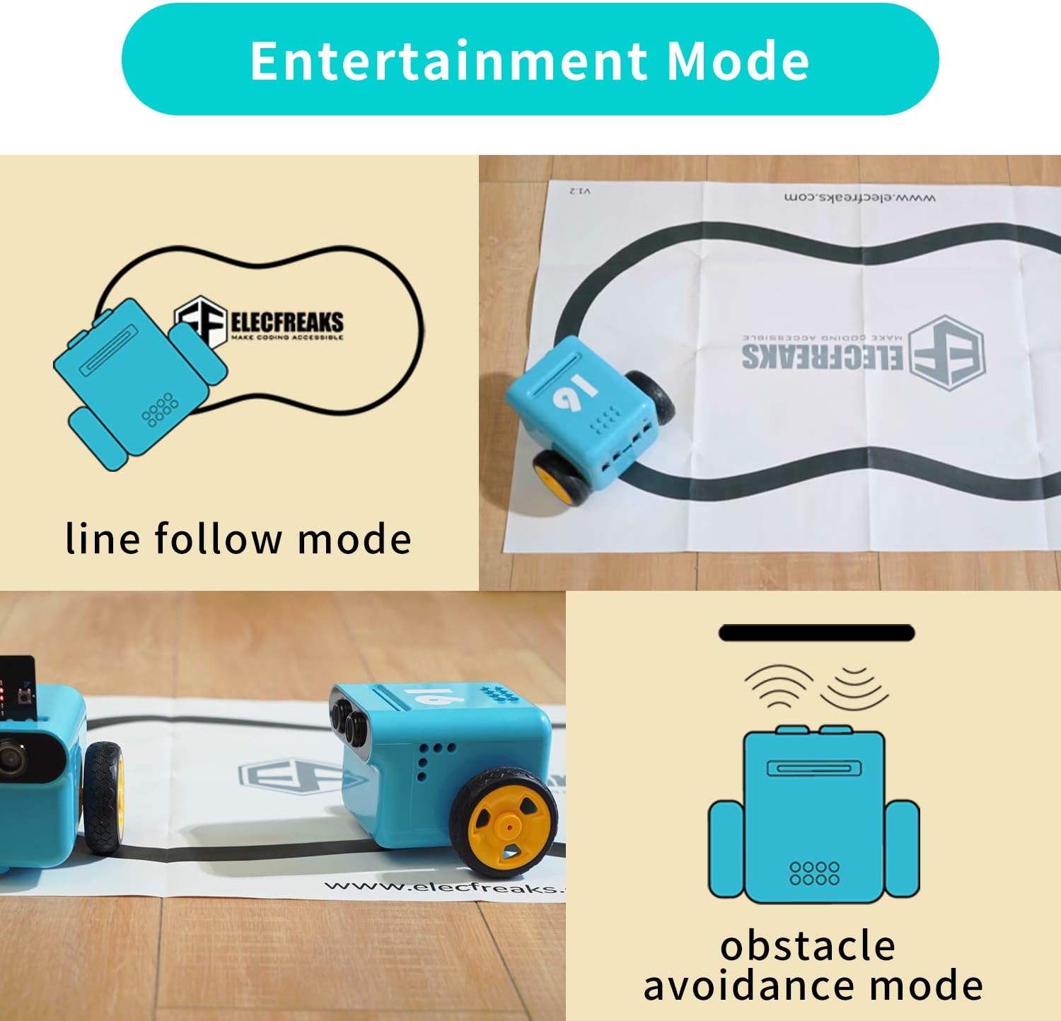 Image showing the TPbot in 'line follow mode' on a track and 'obstacle avoidance mode' with a diagram.