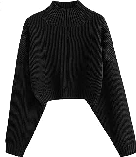 Women's Cropped Turtleneck Sweater Lantern Sleeve Ribbed Knit Pullover Sweater Jumper