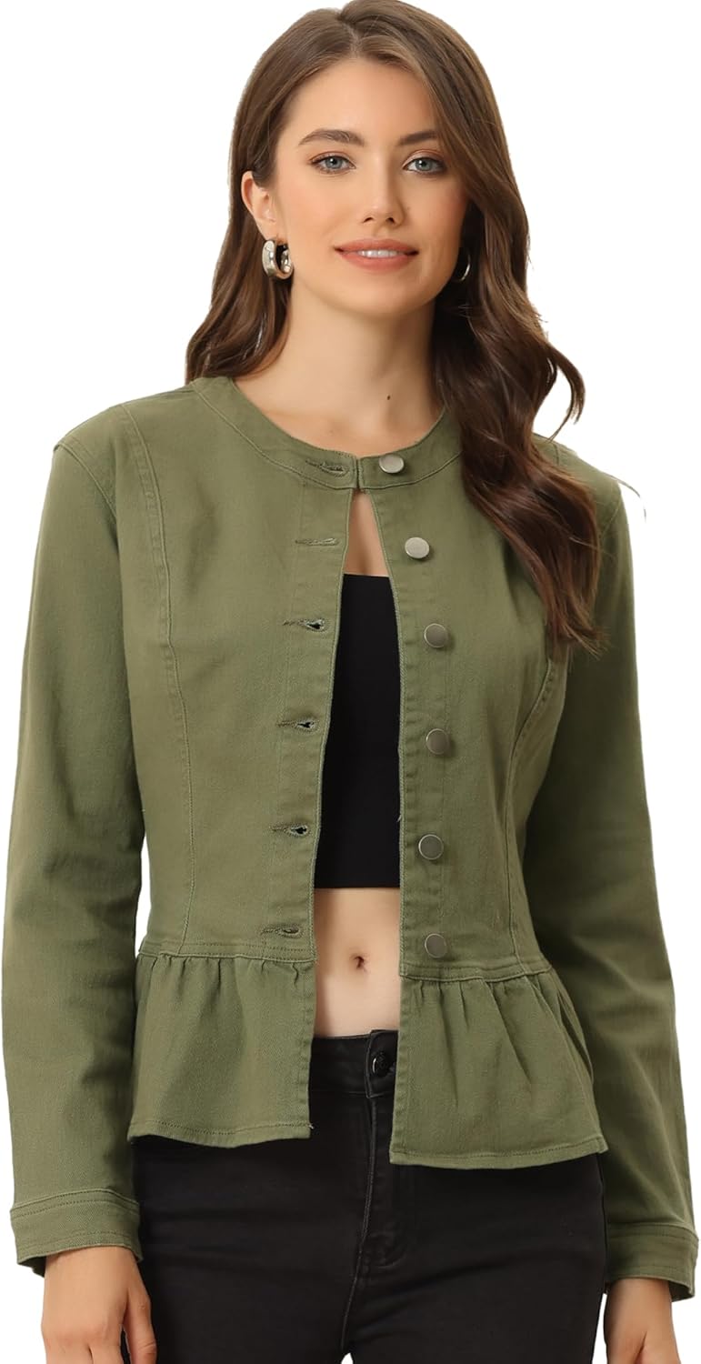 Allegra K Women's Peplum Denim Jackets Collarless Round Neck Button Down Cropped Ruffle Hem Jacket