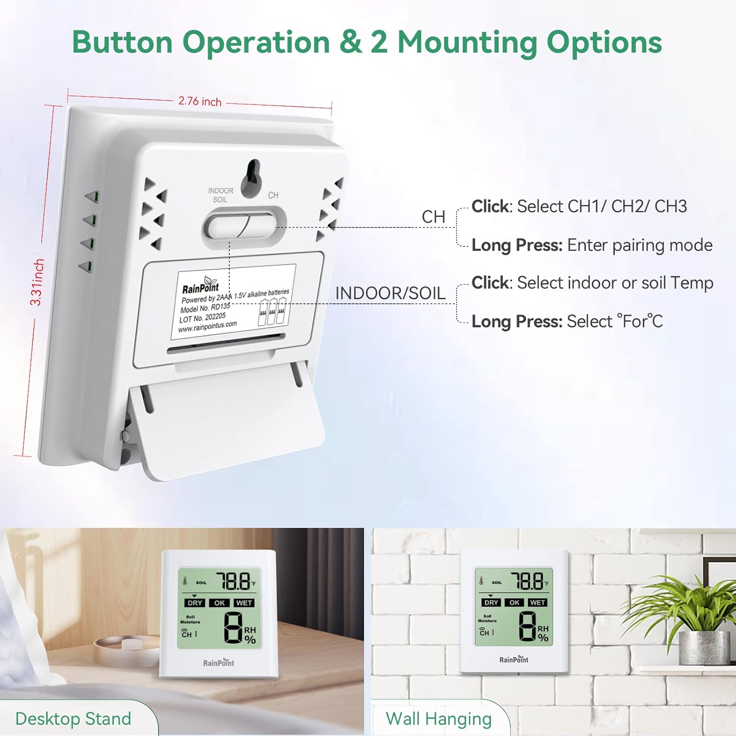 Tilbage view of the RAINPOINT indoor monitor showing button functions and two mounting options: desktop stand and wall hanging.