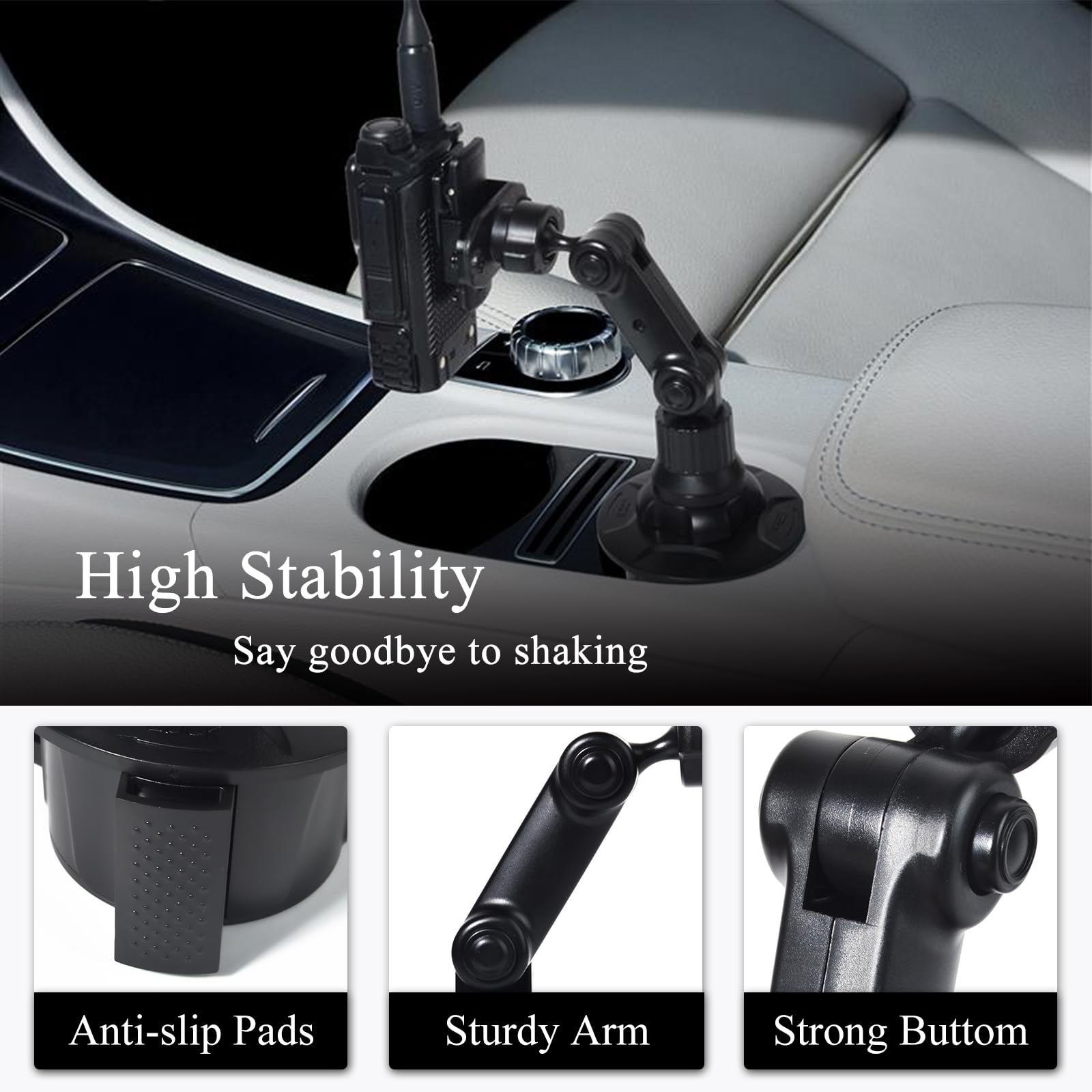 Support de Talkie Walkie pour Porte-Gobelets de Voiture, Porte Radio/Micro Radio avec bras de support à angle réglable, Compatible avec Motorola Kenwood Wouxon Baofeng Quansheng Midland Radio