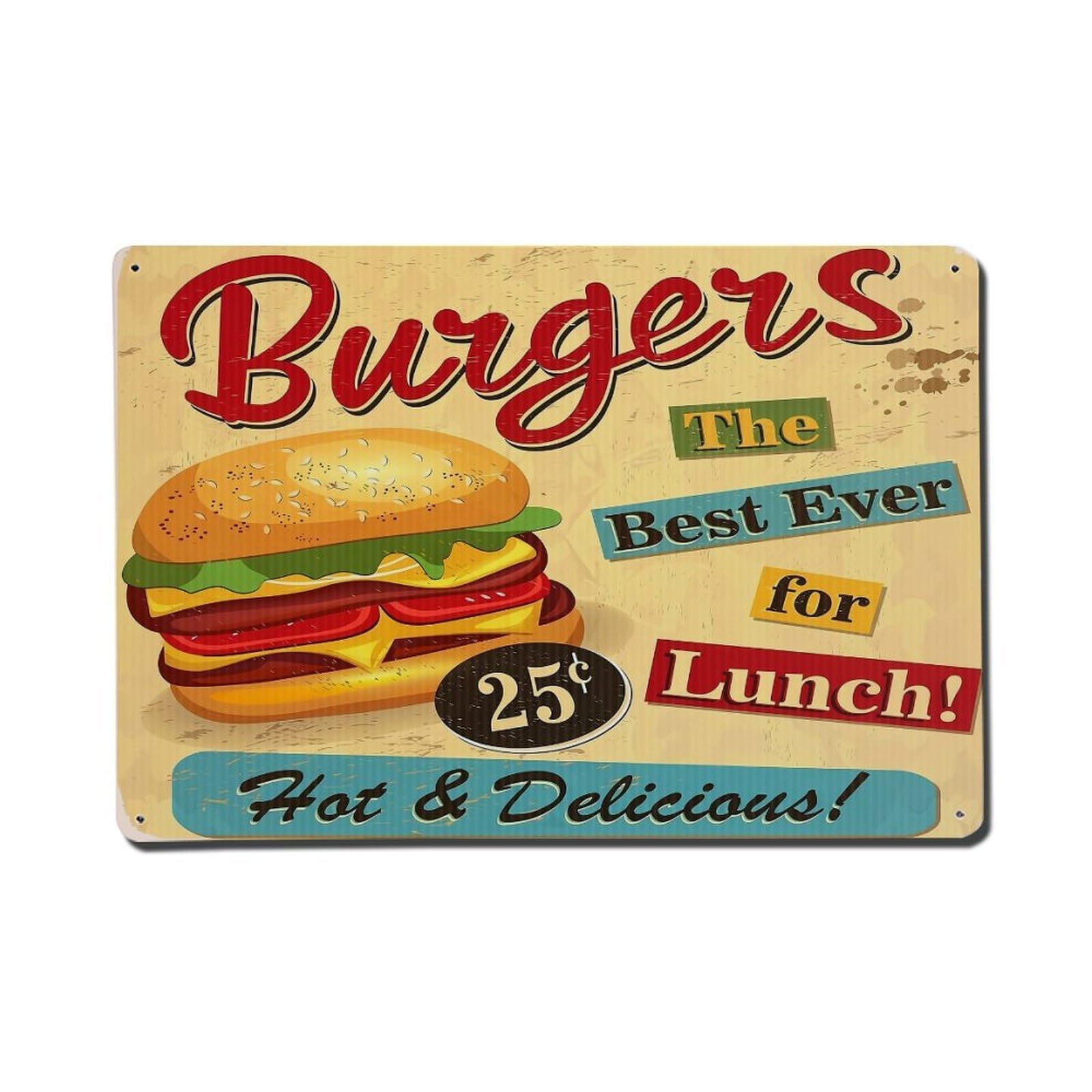 Burger Cheese Lettuce Tomato Bun Retro Metal Tin Sign, Vintage Decor Art Poster for Bar, Home, Man Cave, Kitchen, Laundry Room Gift 8x12Inch