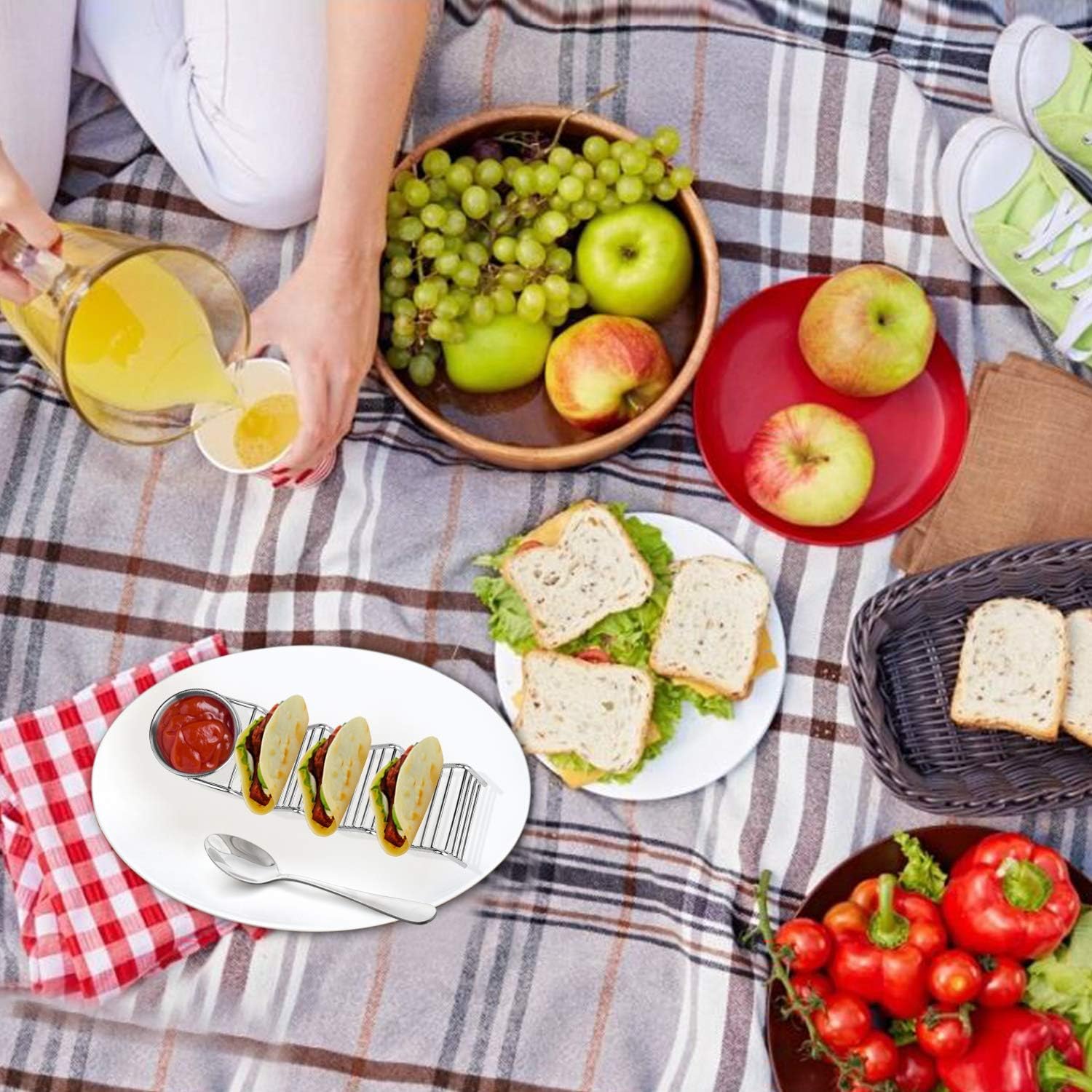 80% Off Discount Taco Holder Stand Set of 2 - Stainless Steel Taco Trays with 2 Salad Cups & 2 Spoons,Holds 3 Tacos Each Keeping Shells Upright & Neat