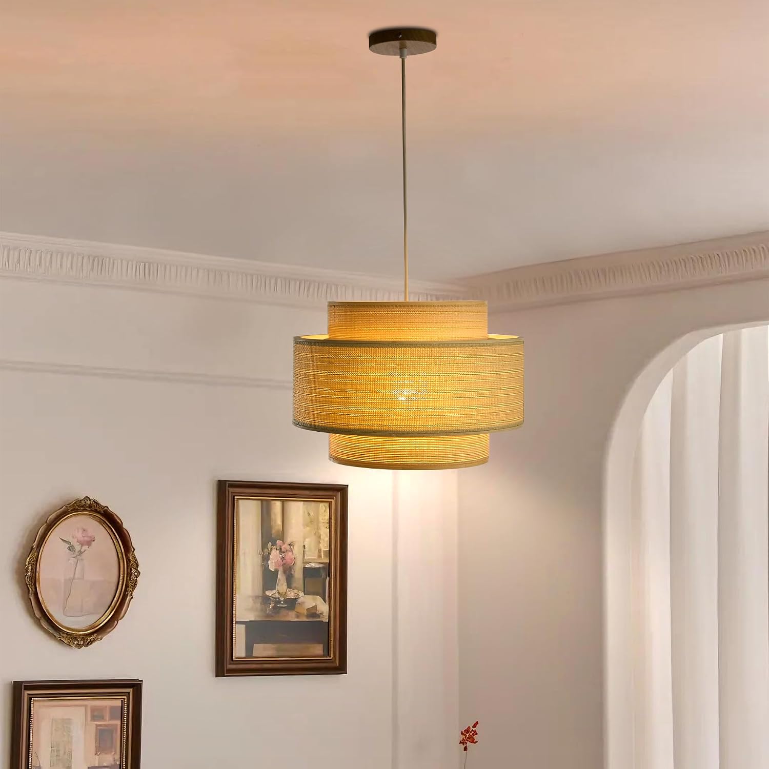 Pendant Light, 3-Tier Layered Boho Hanging Lamp with Natural Woven Drum Shade, 15ft Hemp Rope Cord Ceiling Light for Kitchen Island Dining Room Bedroom