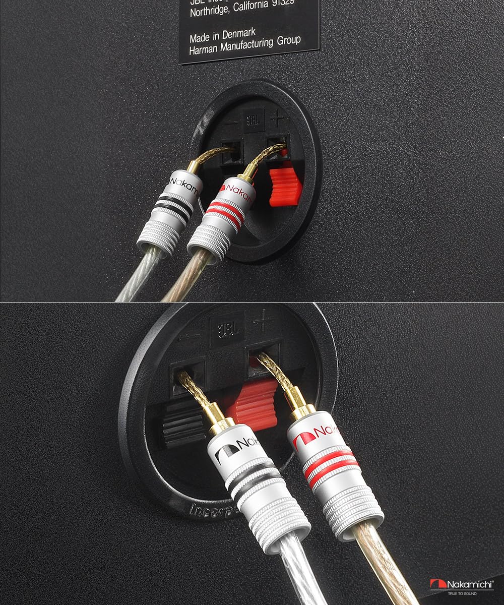 Nakamichi GrubLock Excel Series 24k pozłacane elastyczne wtyki pinowe 2 mm do przewodów 10 AWG - 18 AWG, do zacisków sprężynowych, głośników i wzmacniaczy Hi-Fi, złącze śrubowe, 16 szt. (8 par)