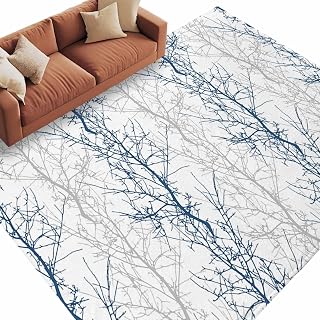Navy Blue Fluffy Area Rug with Non-Slip Backing, Grey Tree Branch Ultra Soft Shaggy Carpet for Living Room and Bedroom, Machine Washable Fuzzy Rug, 8x10ft,Rectangle