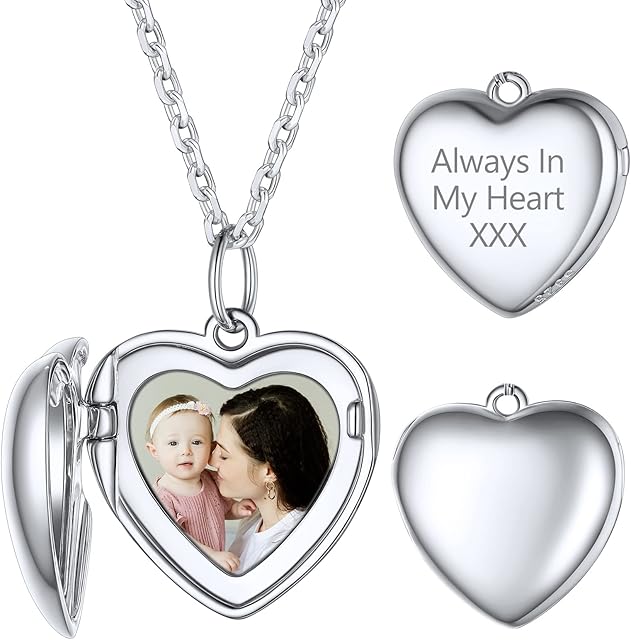 Supcare 925 Sterling Silver Heart Locket Necklaces for Women Girls Angel Wing/Tree of Life/ Sun Rays Personalised Photo & Insciption Engraved Jewellry, 40cm-60cm Length, with Gift Box