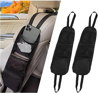 2 PCS Car Seat Side Organizer, Front Seat Side Hanging Bag with Mesh Net Pockets, Multi-Pocket Vehicle Stuff Holder for Mobile Phone Wallet Drink, Universal Car Accessories