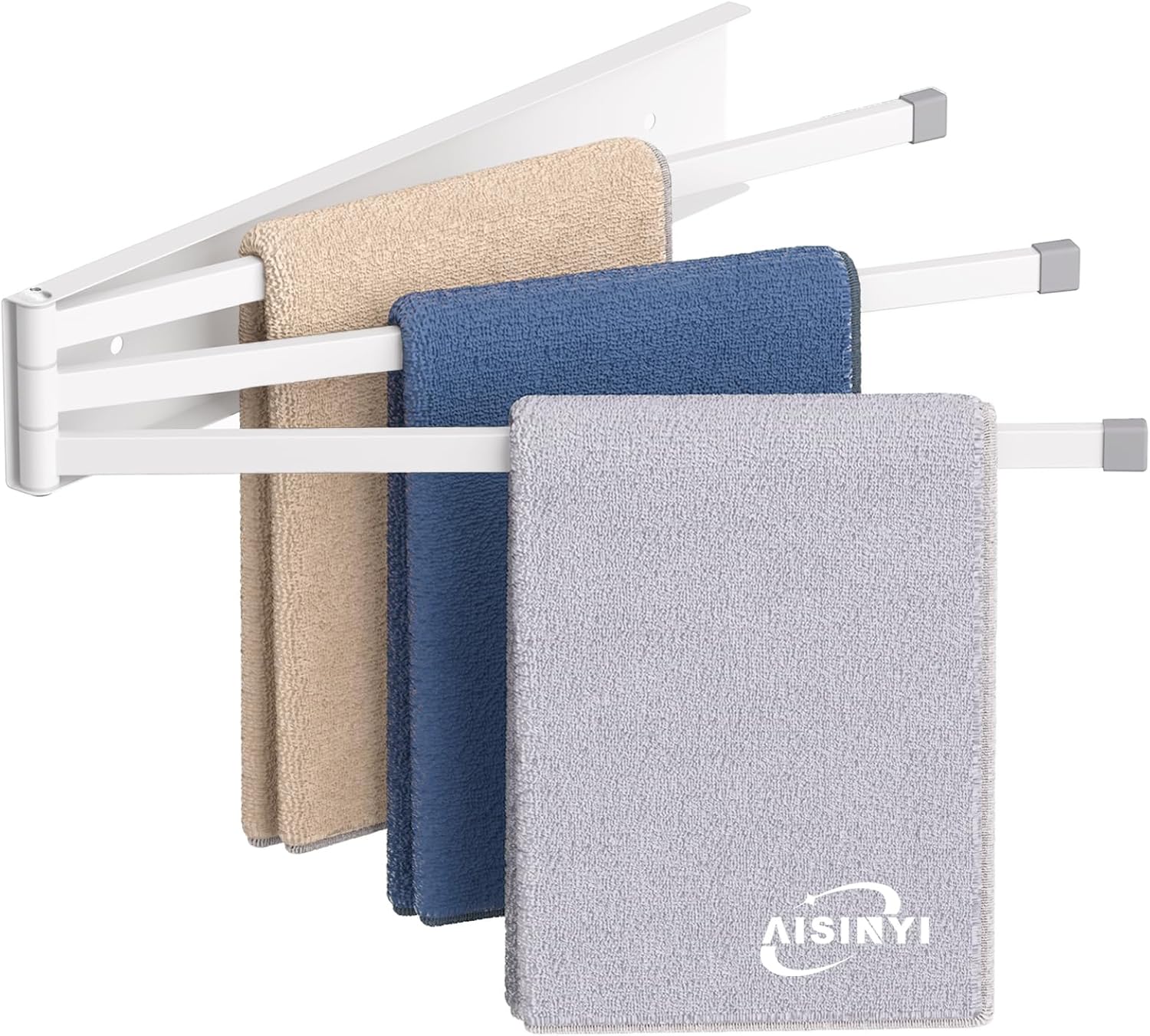 Swivel Towel Rack, 16 inch Extra Long Thickened Stainless Steel 3-Arm Towel Bar, Space Saving Wall Mounted Towel Holder, Rustproof Swing Out Towel Hanger for Bathroom, Kitchen (White)