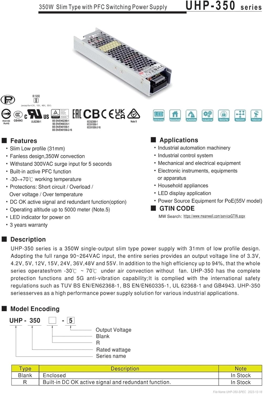 Power supplyUHP-350 UHP-350-5 UHP-350-12 UHP-350-15 UHP-350-24 UHP-350-36 UHP-350-48 UHP-350-55 350W(UHP-350-24V)