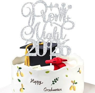 Silver Glitter Prom Night 2026 Cake Topper, Congrats Grad/Prom 2026 Cake Decor, Class of 2026 High School College Graduation Party Decorations Supplies