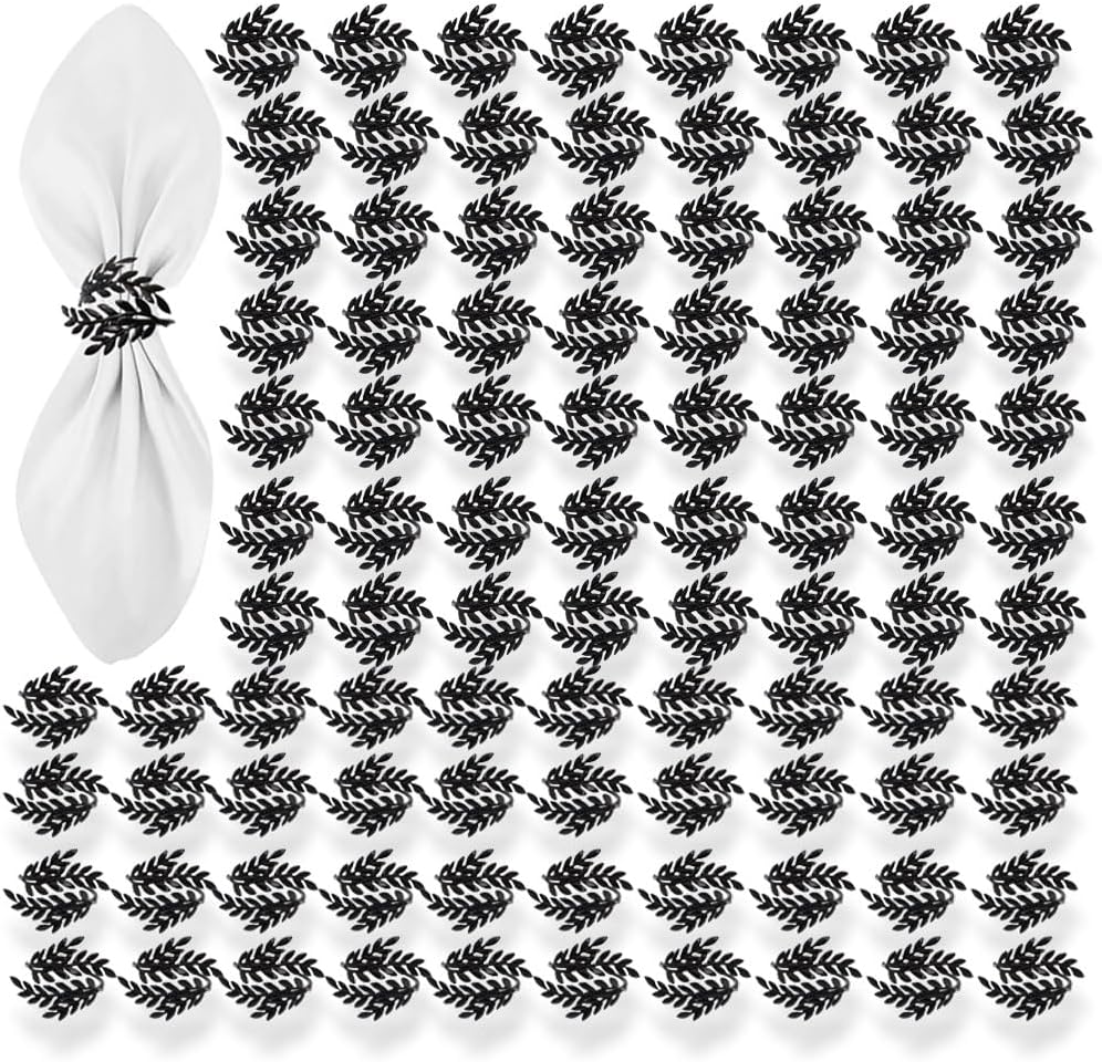 Black Napkin Rings Set of 50/100/200, Halloween Black Leaf Napkin Holder for Banquet Restaurant Party Supply(100pcs)
