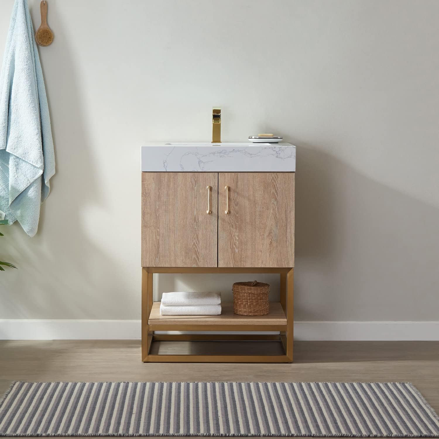 Miseno MV789024-NM Alistair 24" Free Standing Single Basin Vanity Set with Cabinet and Stone Vanity Top with USB Port and Electrical Outlet - North American Oak