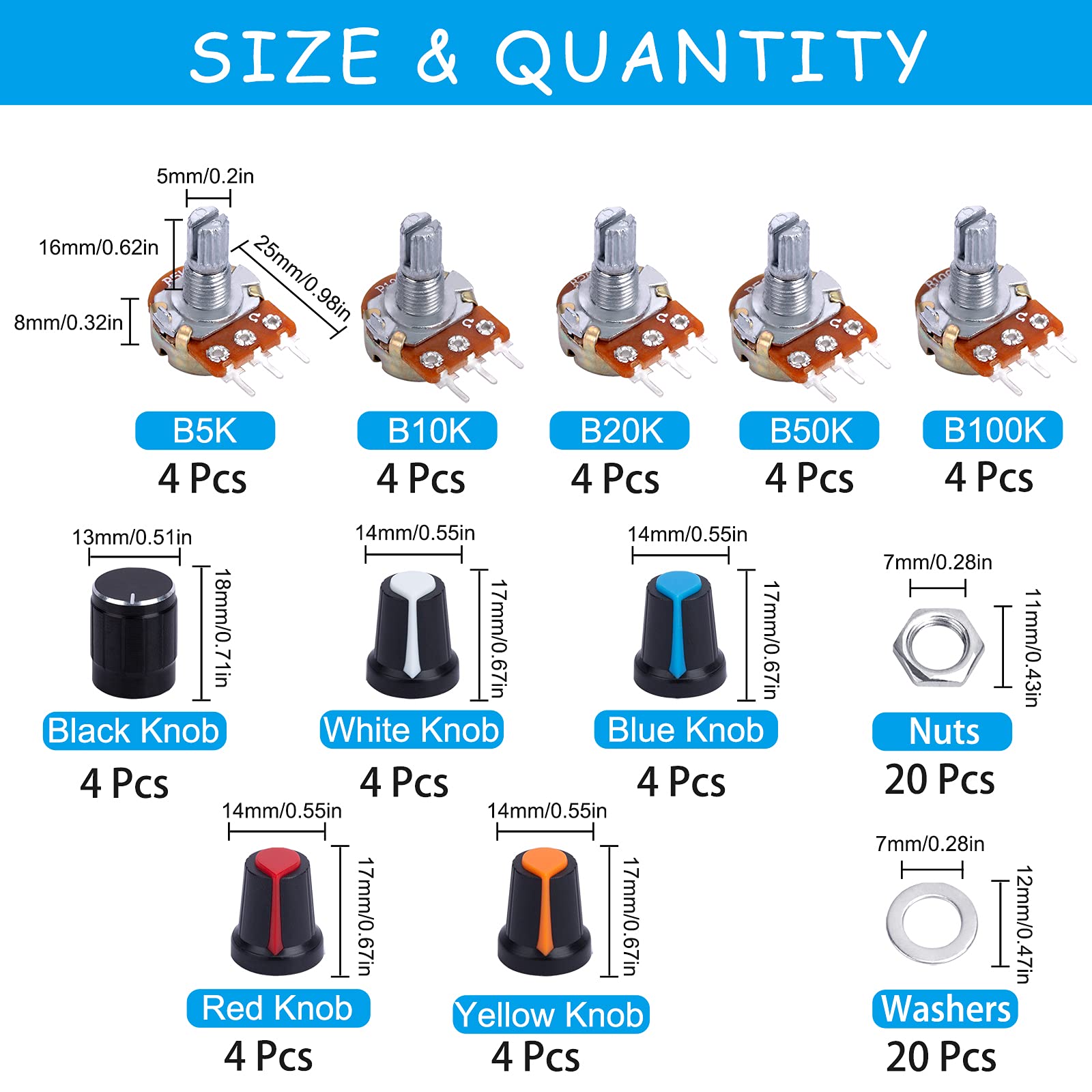 Potenziometro Rotativo B5K B10K B20K B50K B100K 3 Pin Regolabile 20 Set
