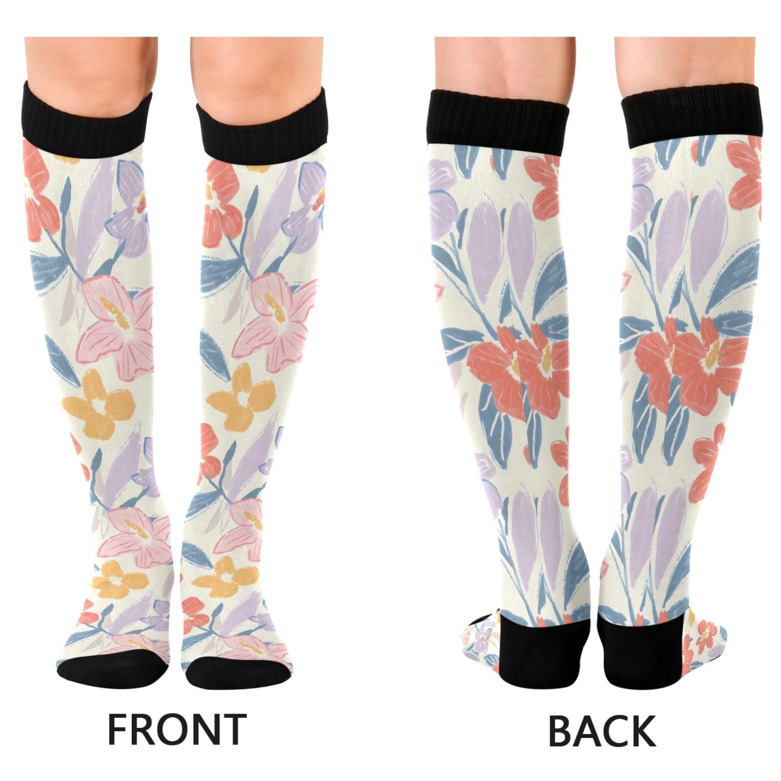 ALAZA Athletic Compression Socks Knee High Socks Stockings for Women Flowers Sketching Naive Running Circulation Sport Football