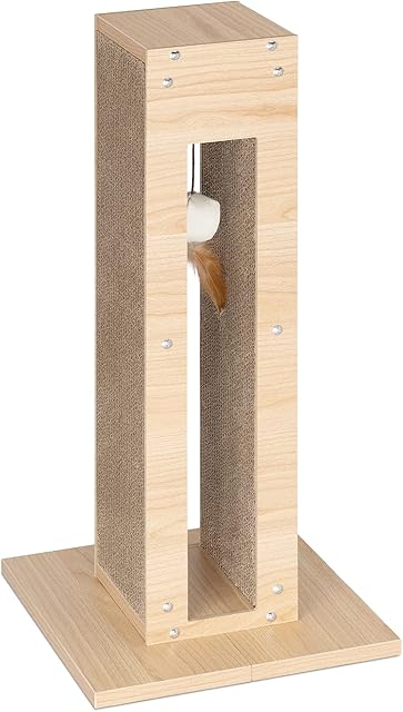 Navaris Cat Scratching Post - 61.5cm Tall Scratcher for Indoor Cats - Vertical Scratch Pad Tower with Hanging Toy - Made of Corrugated Cardboard, MDF