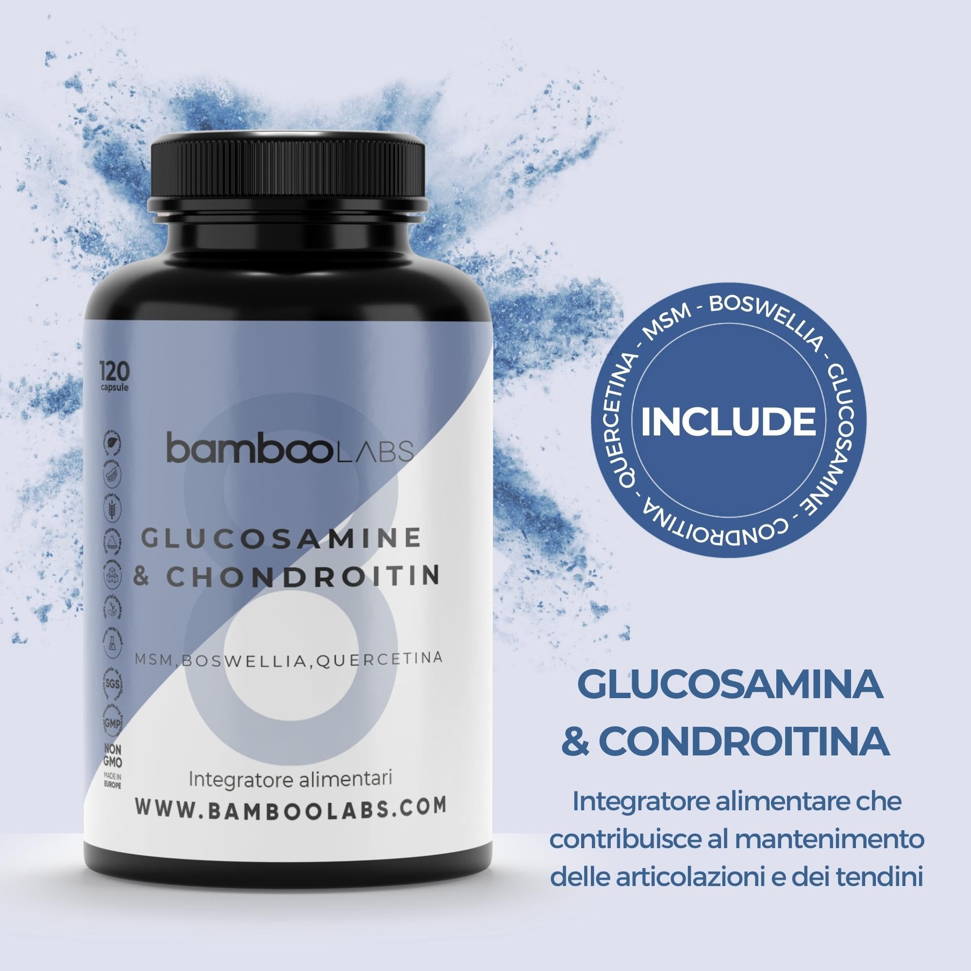 Bamboo Labs - Glucosamina, Condroitina, MSM, Boswellia, Acido Ialuronico e Quercetina, 120 Capsule Articolazioni e Cartilagine Integratori, Antiinfiammatorio Naturale per il Dolore alle Articolazioni