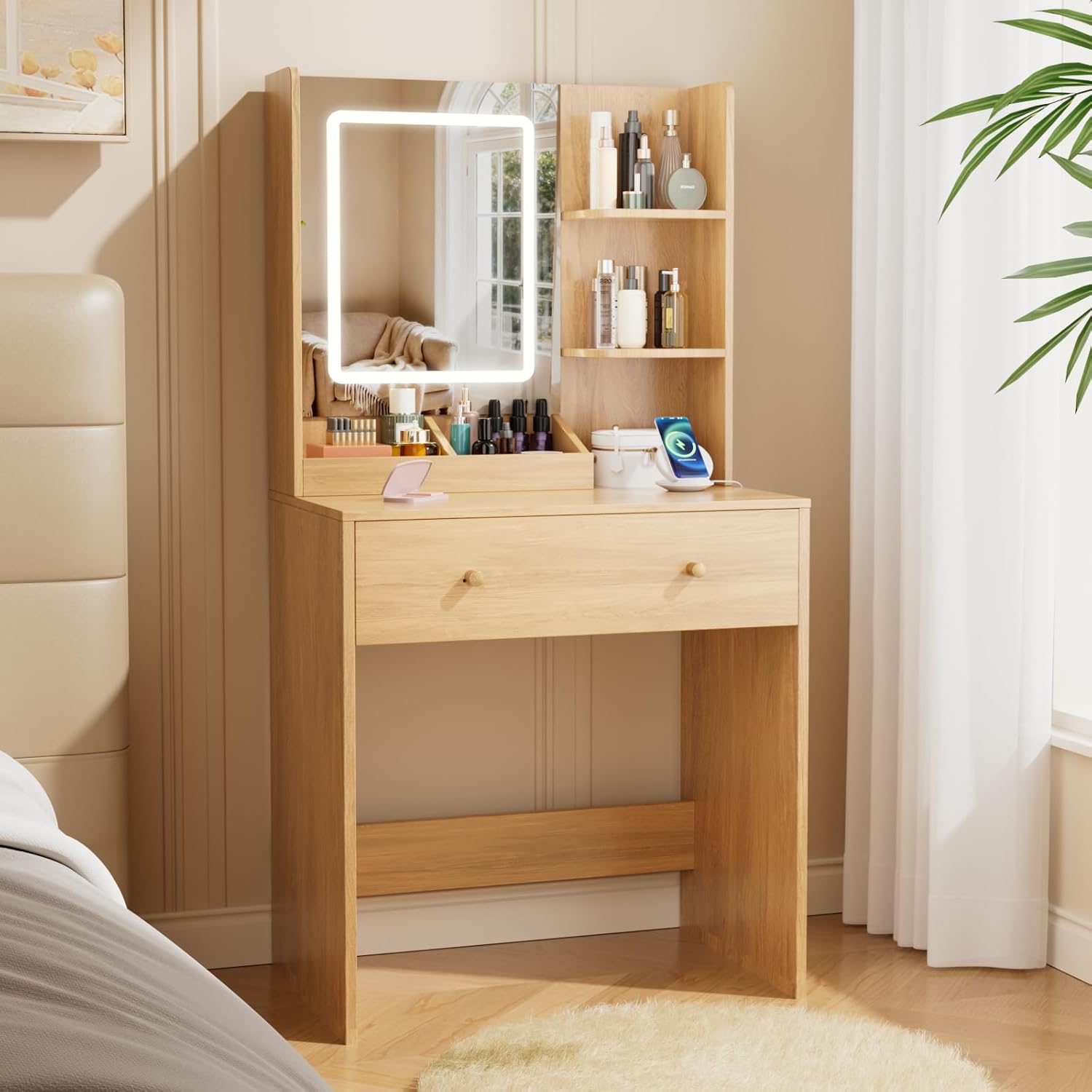 Vanity Desk with Mirror and LED Lights, Modern Small Makeup Vanity Desk with Drawer, 3 Storage Shelves, 24 Inches Dressing Table with Power Outlet, 3 Adjustable Lights for Living Room, Wood