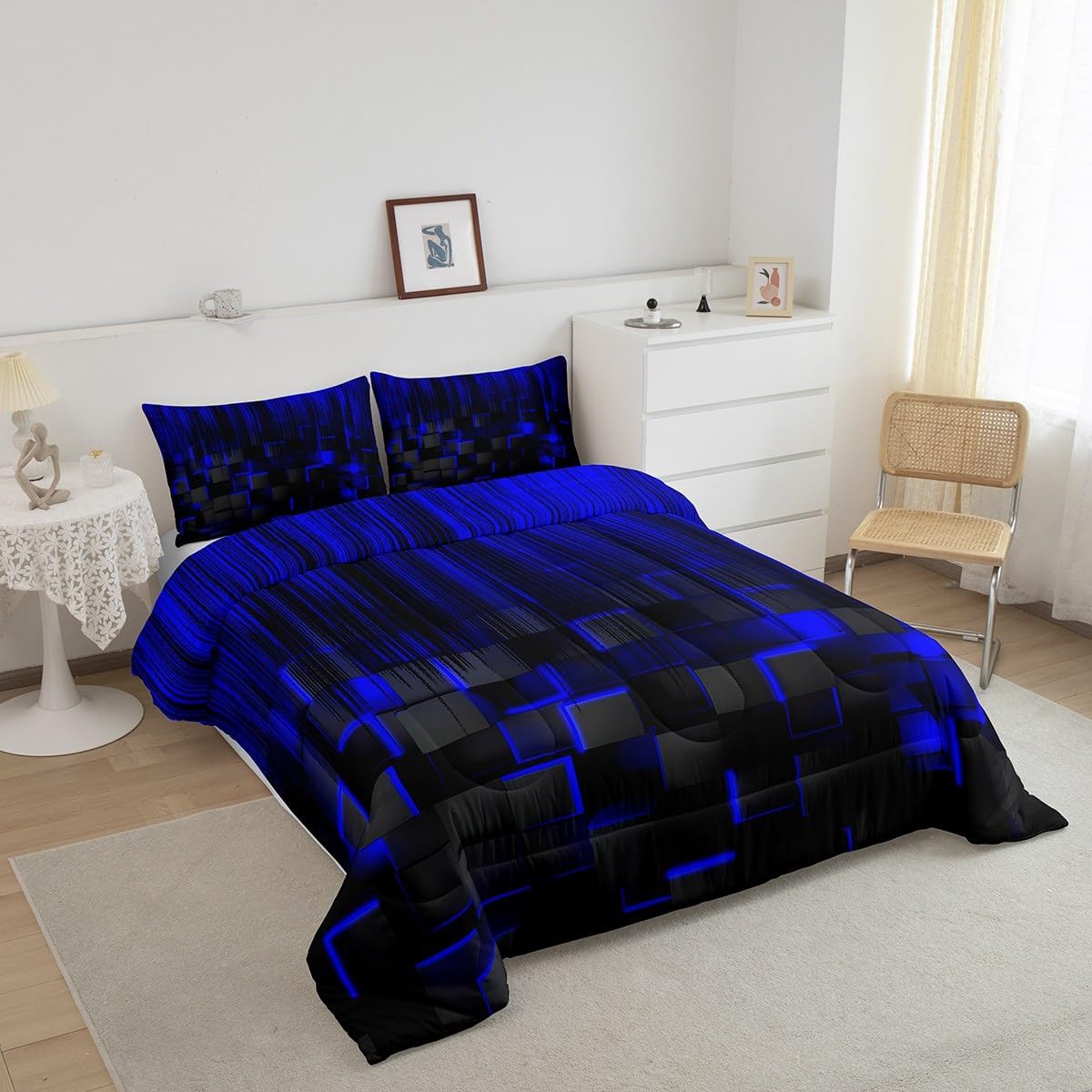 Feelyou Blue and Black Comforter Set Full Size Kids Comforter for Boys Teens Honeycomb Bedding Set Strip Lines Duvet Set Room Decor Quilt Set