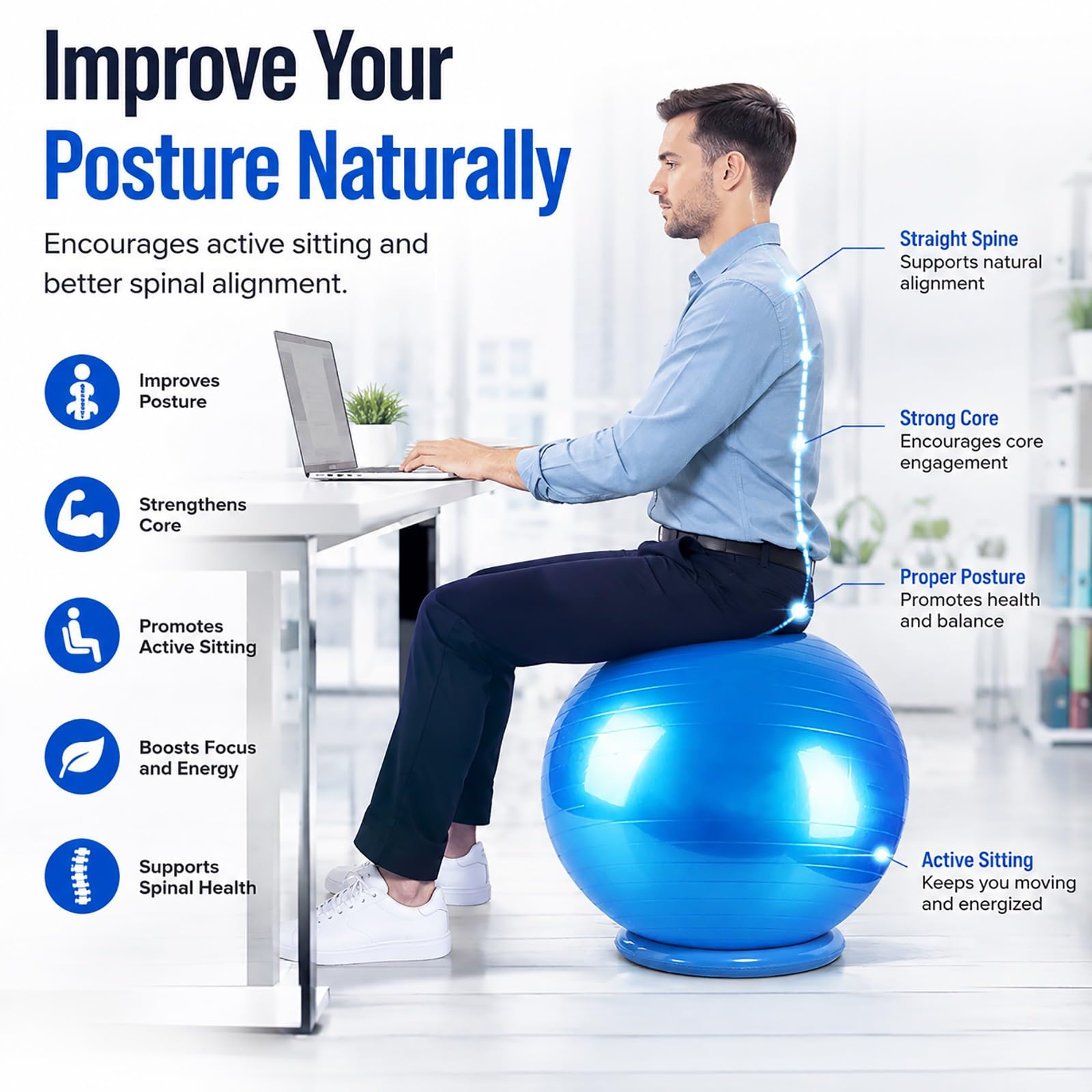 SRNSAEB Sedia a Sfera Sedia A Sfera Gonfiabile Ergonomica Per Seduta Attiva, Seduta Con Palla