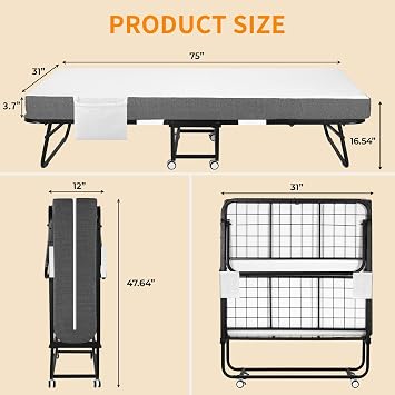 MAMIZO Foldable Bed,Portable Bed,Folding Bed with Mattress,75 x 31 Twin Size Rollaway Bed with Mattress for Adults,Metal Frame with Memory Foam Mattress,for Bedroom,Office,Camp,No Assembly Required
