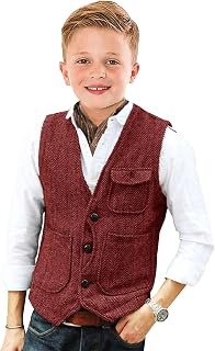Retro Boys Tweed Vest for Kids Formal Dress Herringbone Suit Vest for Toddler Boy Wedding Waistcoat