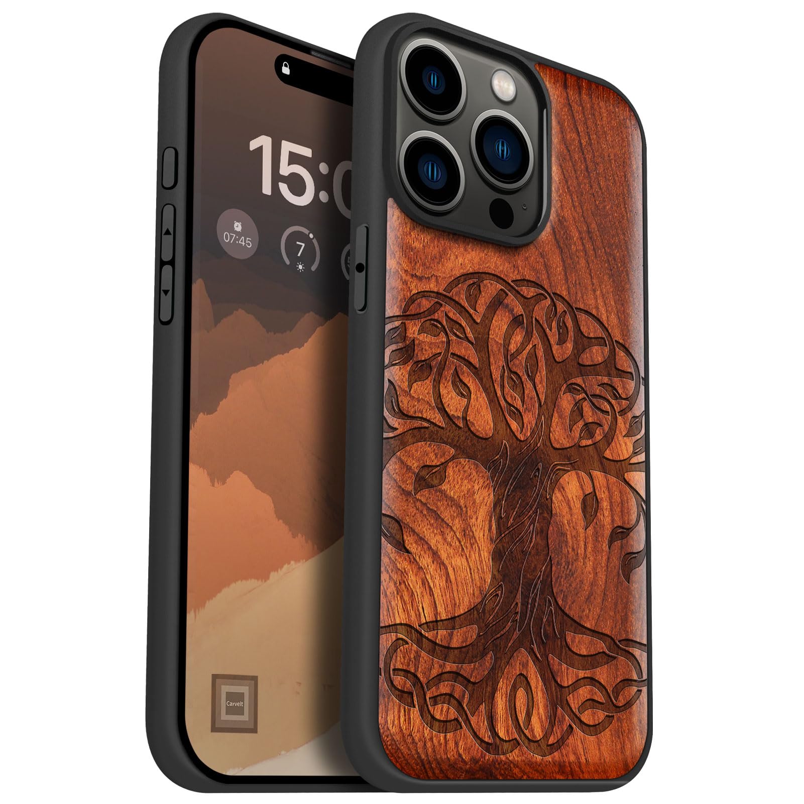 Carveit Magnetic Wooden Case for iPhone 15 Pro Max Case, Compatible with MagSafe Wireless Chargers, Black Soft TPU Shockproof Cover & Wood Artisan