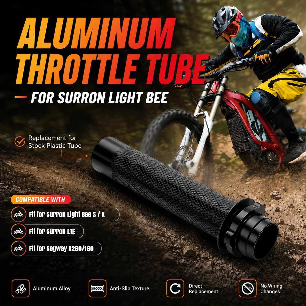 Aluminum Throttle Tube Compatible with Surron Sur Ron Light Bee X/S/L1E LBX LBS, Segway X260 X160, Anti-Slip Twister Throttle Handle, Lightweight Replacement for Stock Plast