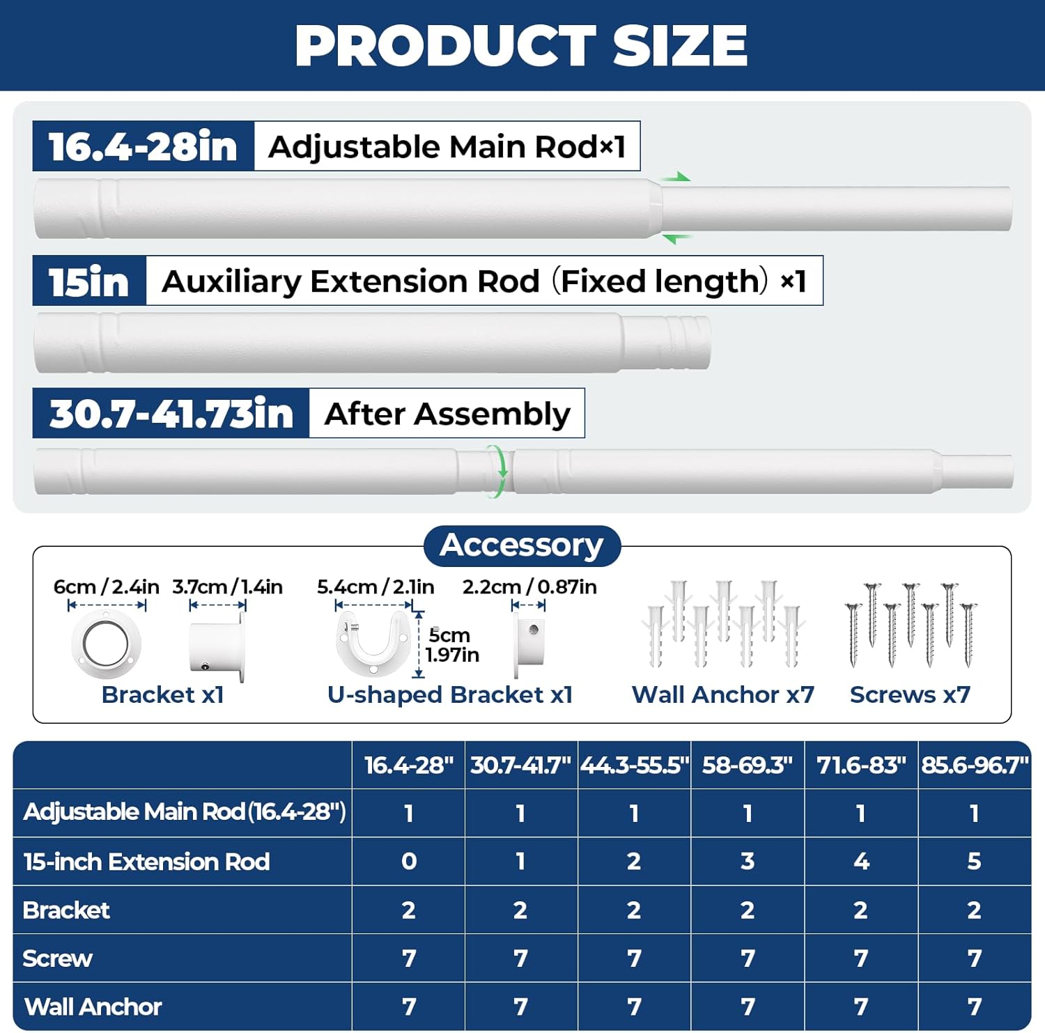 Mavivegue Closet Rod, 17 to 43 Inch Adjustable Closet Rods for Hanging Clothes, White, Hanging Rod for Closet Wardrobes Laundry RV, Bathroom 17-43 IN White