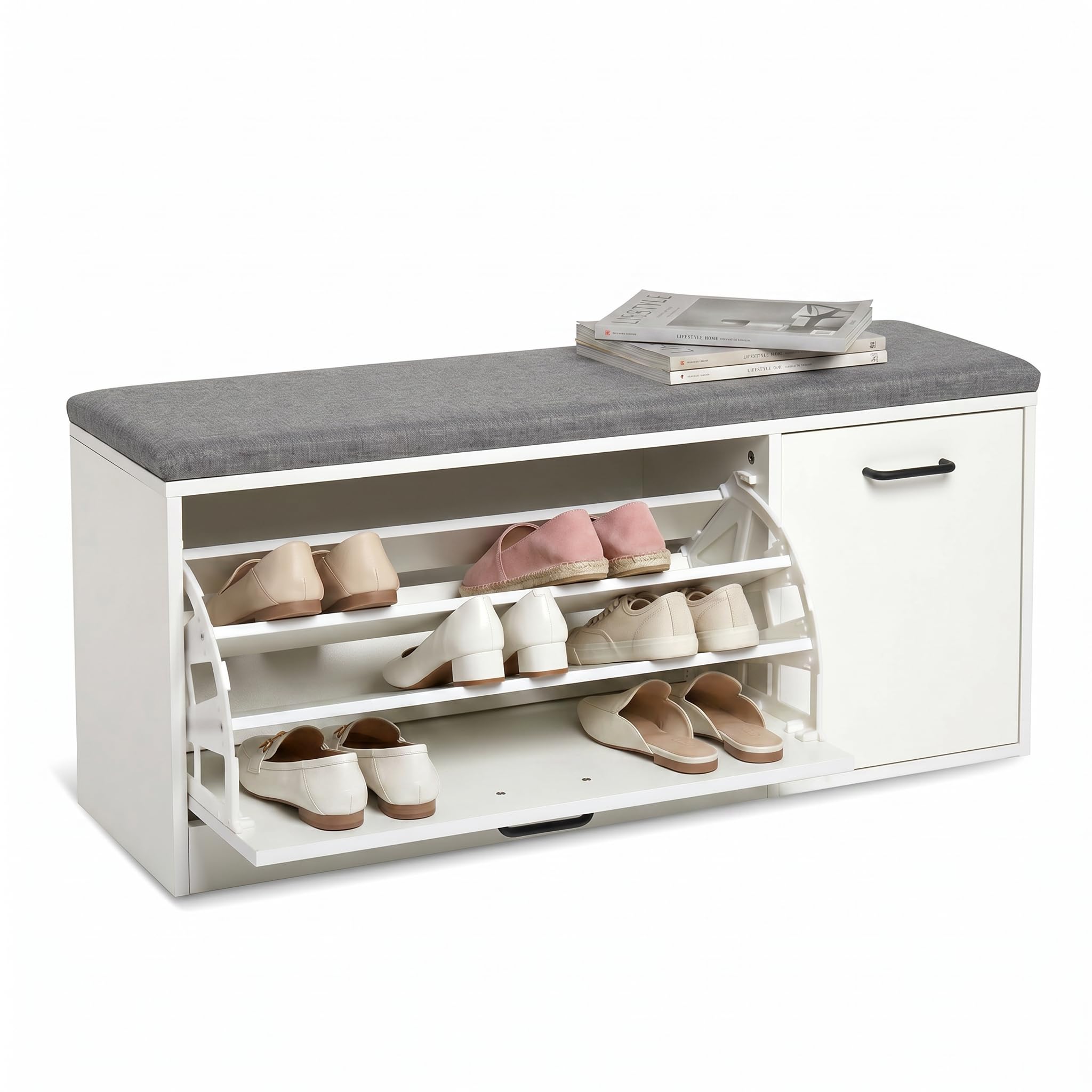 Mondeer Shoe Storage Bench with Cushion, W100 x D30 x H46 cm, White