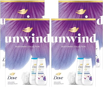 Dove Unwind Duo Bodywash Gift Set with Exfoliating & Anti Stress 225ml- 4 Pack, Nourishing Skin Cleanser for Women - Daily Shower Essentials with Calming and Smoothing Formula-Ideal Pamper Gift