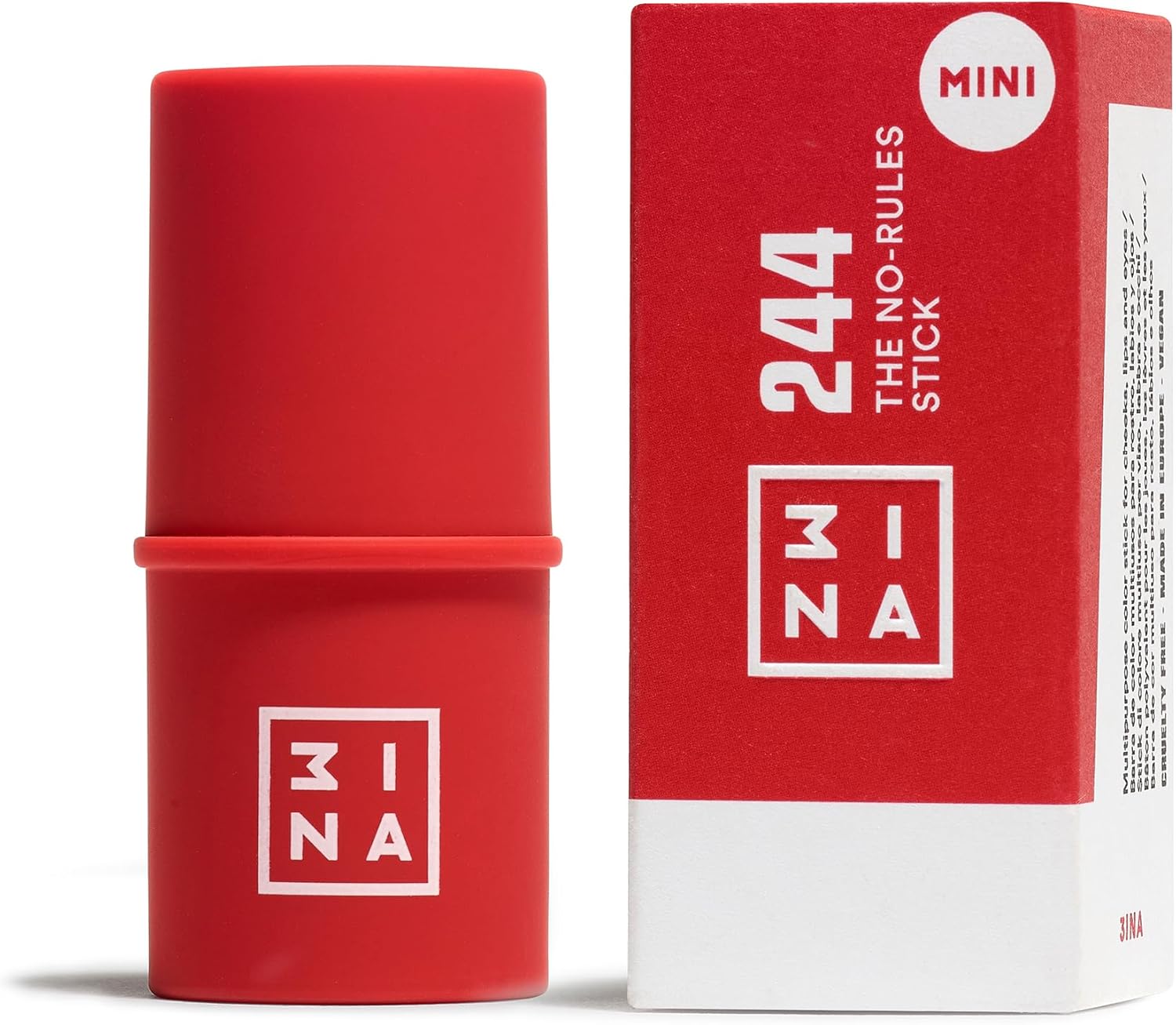 3INA MAKEUP The No-Rules Stick 244 (Mini), Red, Blush Stick for Eyes, Lips, Cheeks with Hyaluronic Acid, Cream Blusher for Natural and Luminous Finish, Travel Size, Vegan,