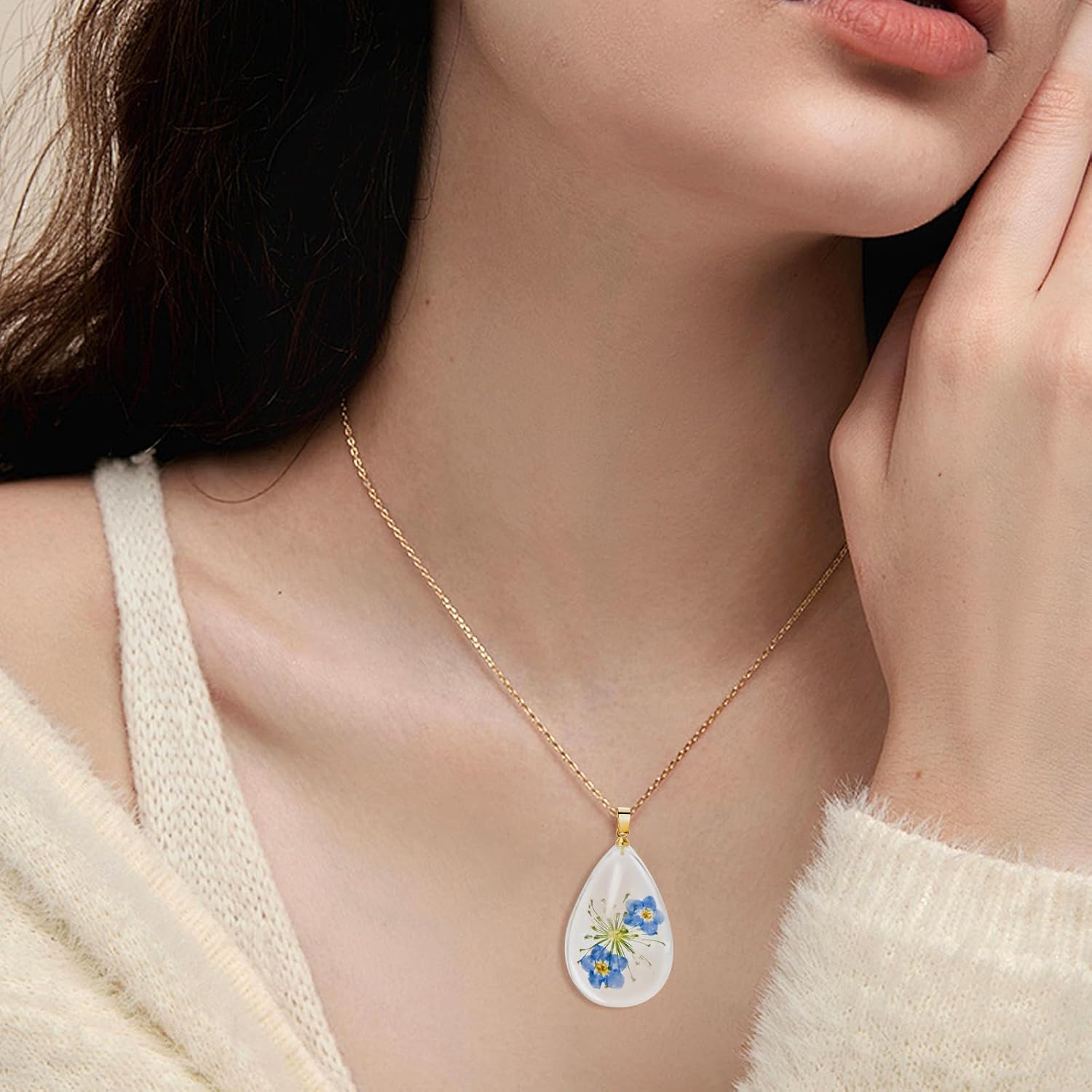 Forget-Me-Not and Queen Anne's Lace Pressed Wildflower Necklace | Gold Pressed Flower Necklace | Personalized Handmade Necklaces | Real Flower Necklace - Image 5