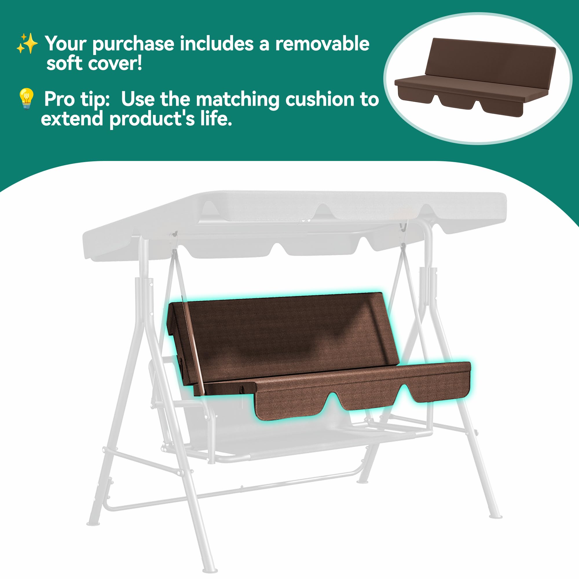 YITAHOME Balancin Jardin Exterior, 3 Plazas Columpio Jardin Exterior, Columpios Balancines de Jardin con Techo Ajustable y Cojín Extraíble para Terrza Balcón Adultos Infantil, 270KG Cargable, Marrón