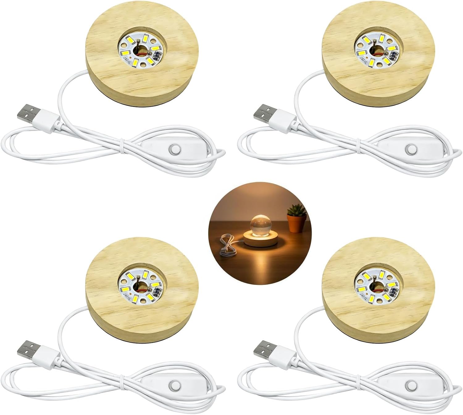4 Pcs Round Led Light Base, 3.1 In Crystal Display Stand With Usb Warm Light, Home Decor