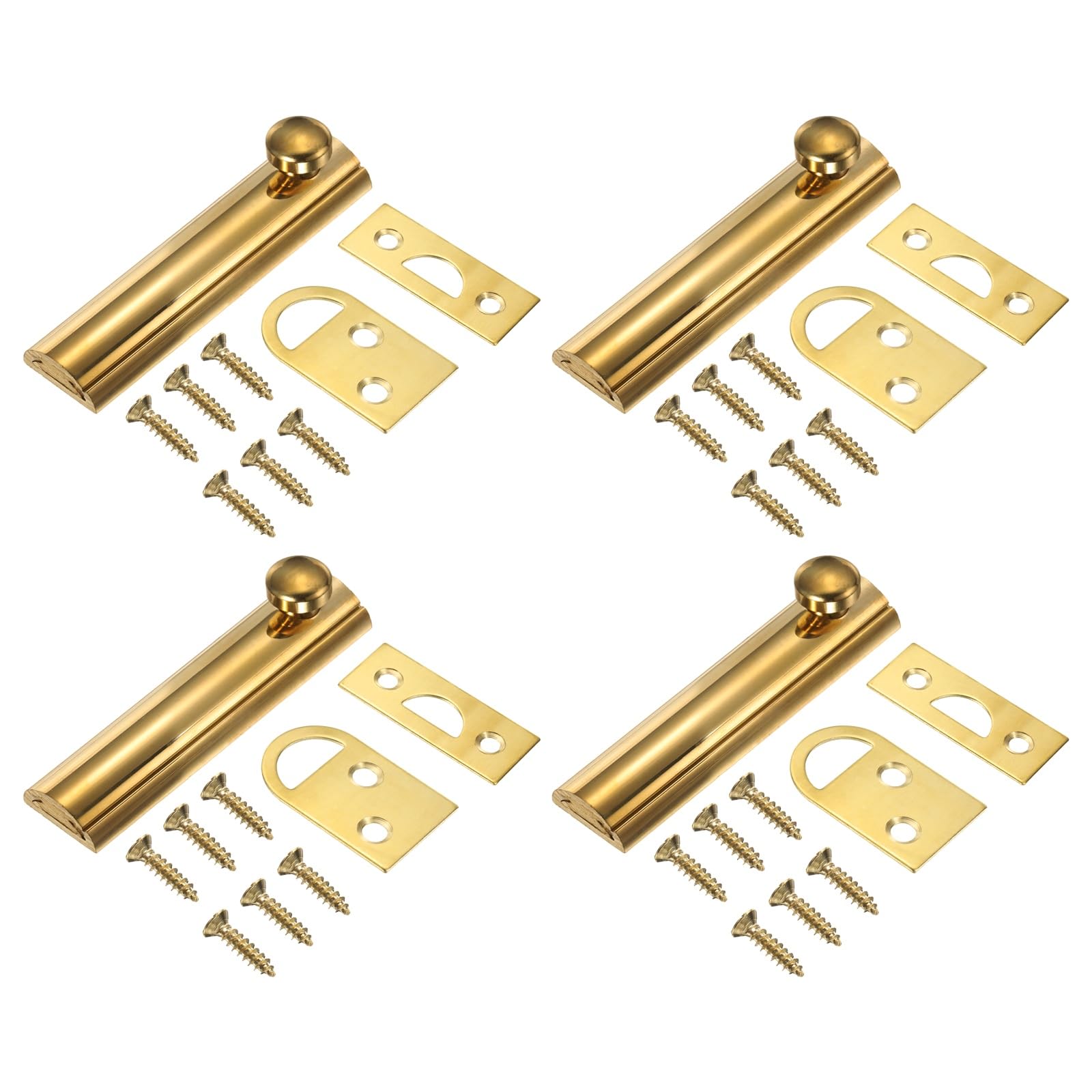sourcing map 4Pcs 3" Solid Brass Surface Bolt, Concealed Security Slide Latch Door Lock with Screws, Polished French Door Lock for Closet Cabinet Recessed Doors, Brass Tone