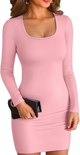 Women Square Neck Ribbed Bodycon Tight Dress Long Sleeve Mid Thigh Pencil Above Knee Dresses